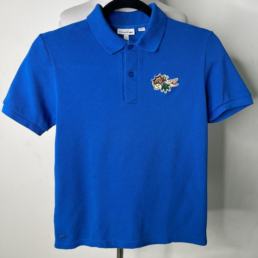 LACOSTE Kid's #PJ9813 Blue Holiday Badge Organic Cotton Piqué Polo Shirt Size 14